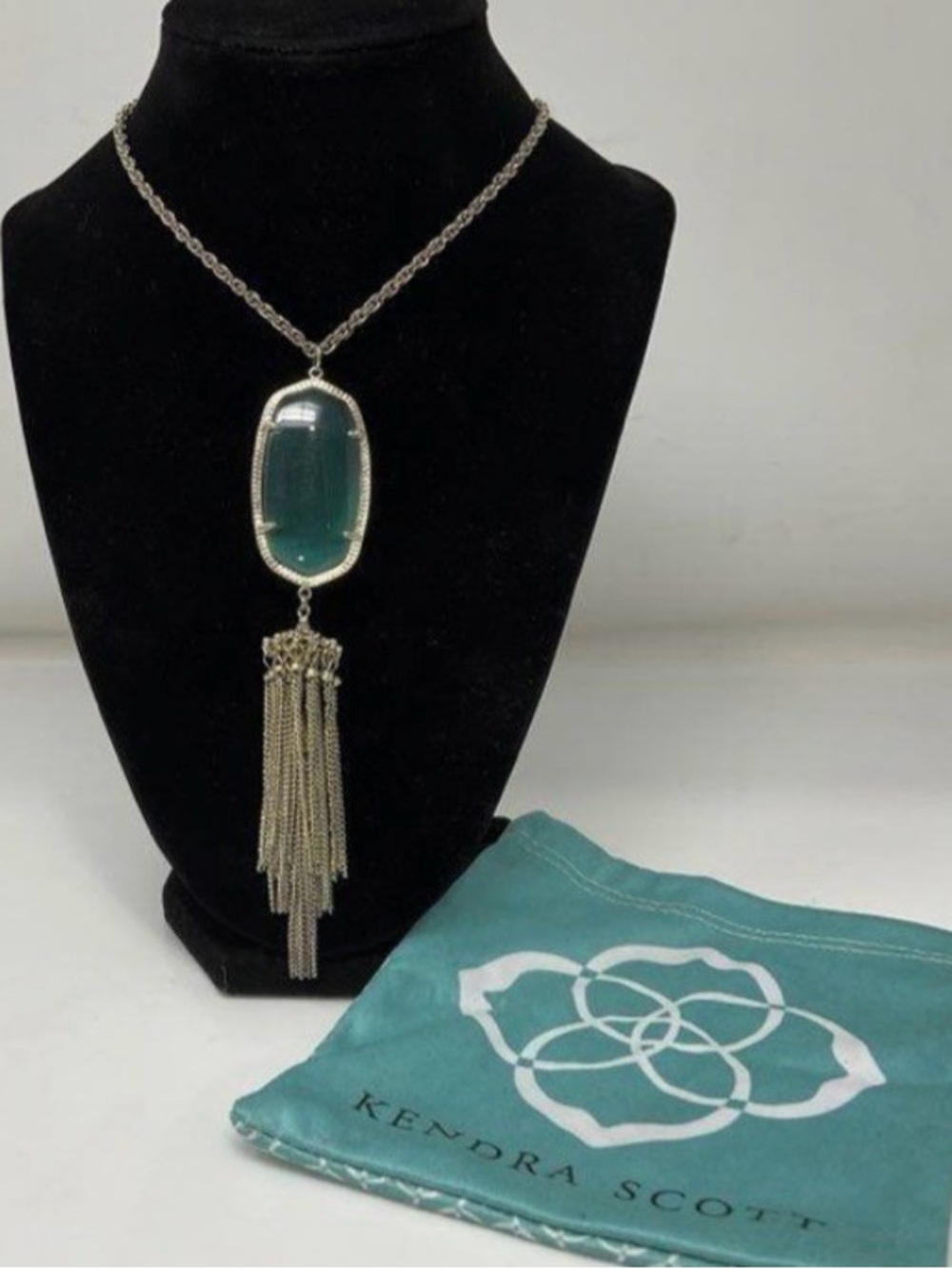 Kendra Scott RARE Color Rayne Silver Green Long Necklace NIB w/Dust Cover